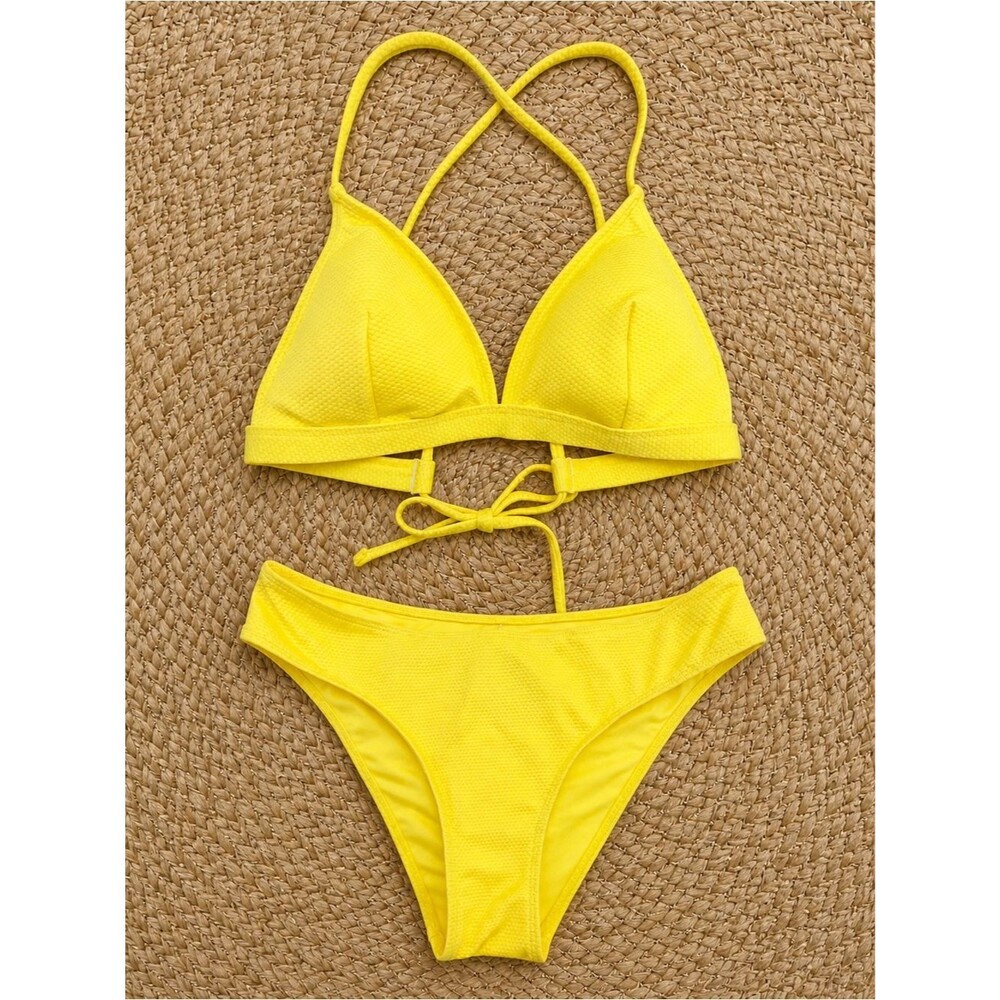 NWT Cupshe Yellow Textured Bikini Set Medium Crisscross Back High Cut Bottoms